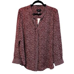 GRACE Woman 1X Burgundy‎ Floral Print Long Sleeve Collared Blouse Top